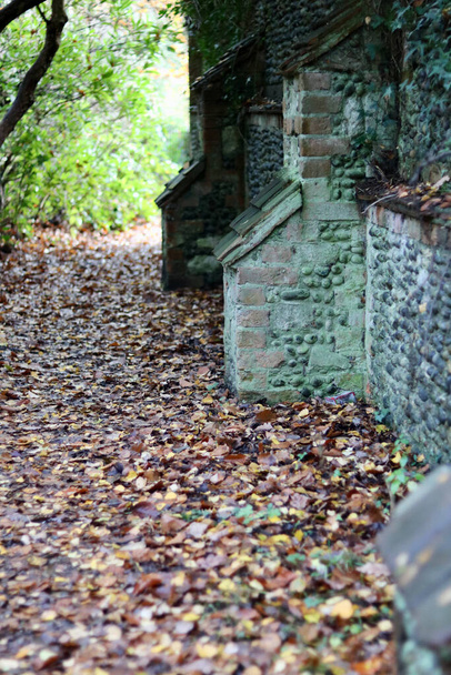Ritratto di vecchio muro di pietra e mattoni con sentiero accanto in autunno - Foto, immagini