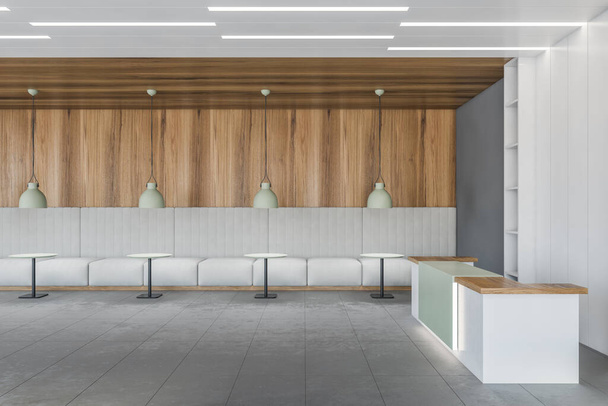 White reception desk side view in open space hall in office, wooden ceiling and grey walls. Minimalist design of entrance hall with row of white sofas and tables with lamps, 3D rendering no people - Foto, Imagen