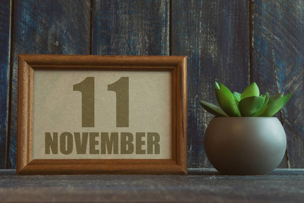 november 11th. Day 11 of month,  date in frame next to succulent on wooden background autumn month, day of the year concept. - Photo, Image