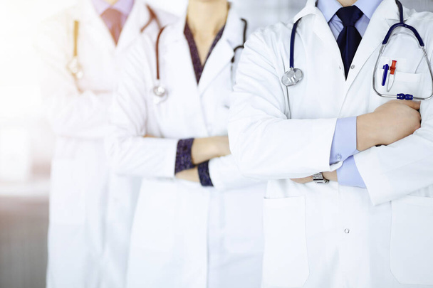 Group of modern doctors standing as a team with crossed arms and stethoscopes in a sunny hospital office. Physicians ready to examine and help patients. Medical help, insurance in health care, best - Foto, Imagem
