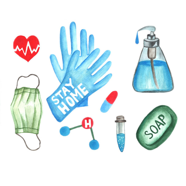 Watercolor set of illustrations of various medical items medical mask, gloves (stay home), soap, water molecule, disinfector, heartbeat, pill and flask. - Photo, Image