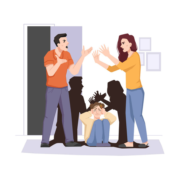 Family conflict quarreling couple and afraid child - Vector, Image