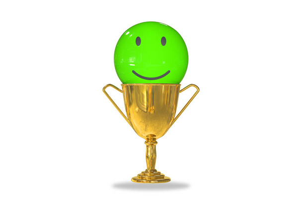 Copa trofeo dorado aislado sobre fondo blanco con un emoticono sonriente verde feliz en el interior. Calificación de satisfacción del cliente o experiencia de servicio o concepto de encuesta de retroalimentación positiva. Ilustración 3D - Foto, Imagen