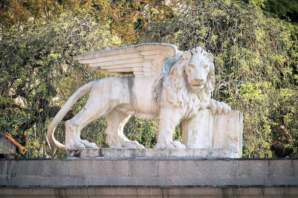 symbol of the city of venice in udine, lion of saint mark pictured in the form of a winged animal holding a bible  - Fotoğraf, Görsel