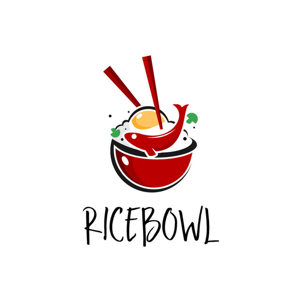 rijstkom logo met eetstokje, vis en gebakken ei vector voor restaurant industrie - Vector, afbeelding