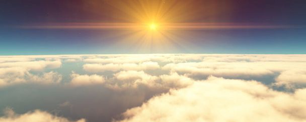 Bulutların üzerinde uç günbatımı manzarası. 3d resimleme - Fotoğraf, Görsel
