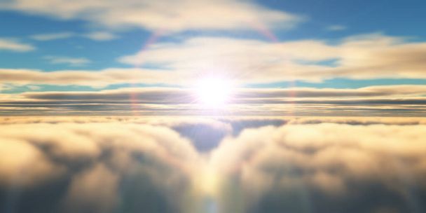 Hermosa vista aérea por encima de las nubes con puesta de sol. ilustración 3d
 - Foto, imagen