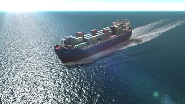 Vrachtschip in volle zee - vanuit de lucht, goederen exporteren van vrachthaven naar aangepaste oceaan concept vrachtvervoer per schip . - Video