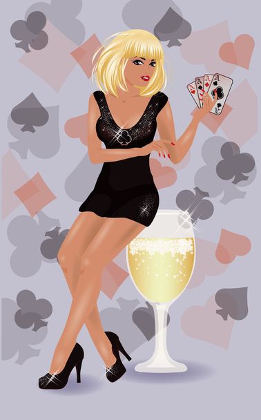 Sexy woman with poker cards and wine, vector illustration - Vector, Imagen