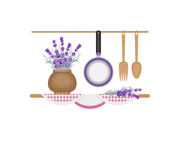 Crockery and kitchen utensils. Multi-colored image on a white background. Design element. There is room for text. Vector illustration. - Vektör, Görsel