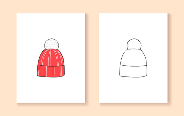 Set of Christmas and Happy New Year illustrations. oloring pages. Winter hat. - Vector, Image