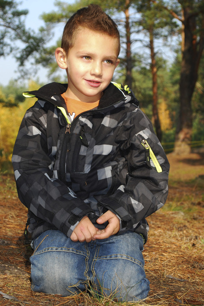 Мальчик, сидящий в осеннем сосновом лесу на земле
. - Фото, изображение