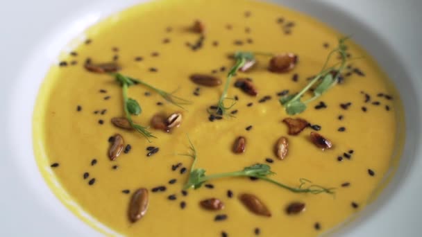 Close-up, cream soup with vegetables and herbs - Footage, Video
