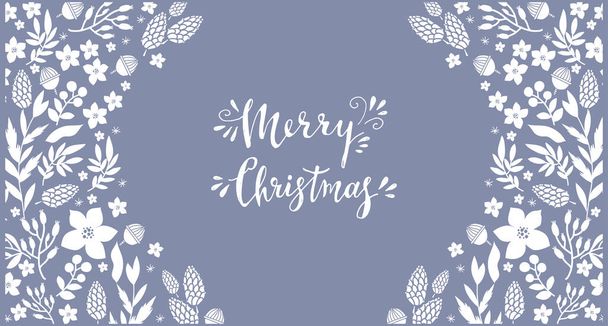 Happy Merry Christmas and Hppy New Year background with lettering,  flowers wreath, frames. Festive christmas  background. Unique  handrawn  winter design for creeting banner, cards, invitation. Vector illustration. - ベクター画像