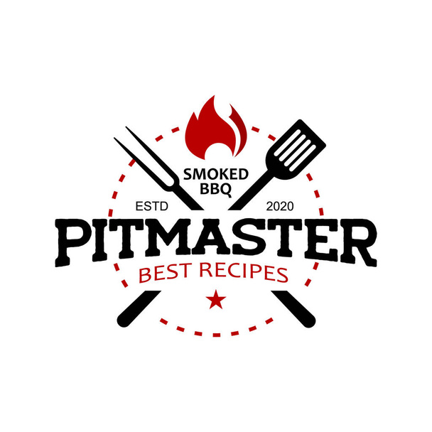 Pitmaster grilování logo razítko vektorové grafické etikety design nebo pražené jídlo a nápoje plakát šablony nápad - Vektor, obrázek