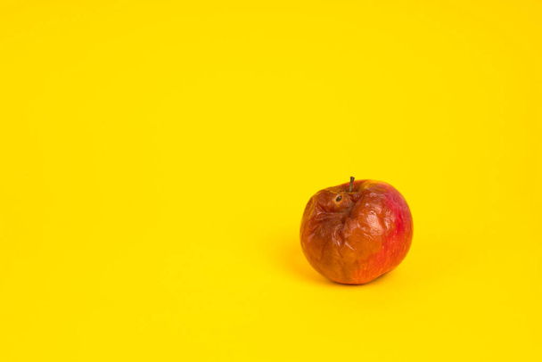 Rotten apple with a worm on a uniform yellow background. - Foto, imagen