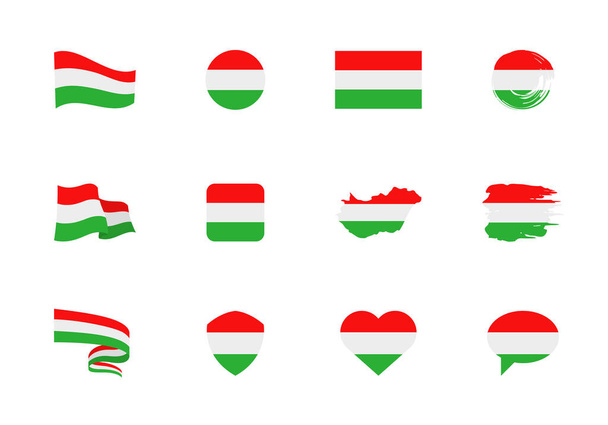Flaga Węgier - płaska kolekcja. Flagi o różnym kształcie dwunastu płaskich ikon. Zestaw ilustracji wektora - Wektor, obraz