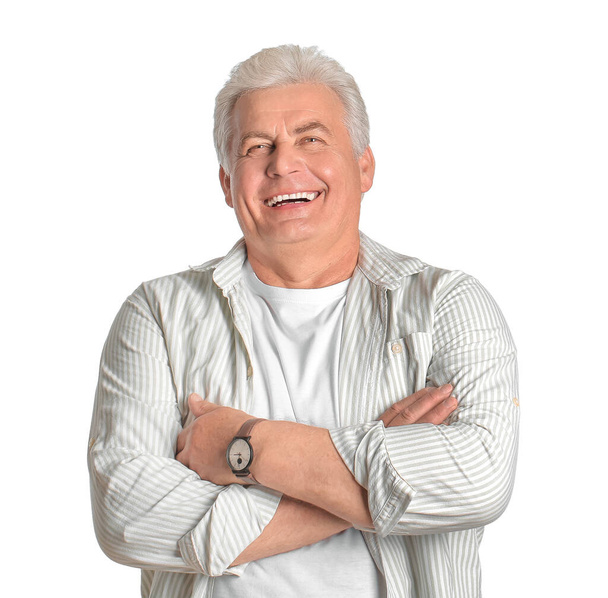 Boldog idős férfi fehér háttér - Fotó, kép