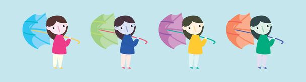 傘を持っている女の子のセット。様々なモデルの漫画アイコンデザインテンプレート。青の背景に隔離された現代のベクターイラスト - ベクター画像