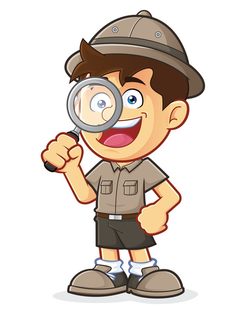 boy scout ou explorateur garçon avec loupe en verre
 - Vecteur, image