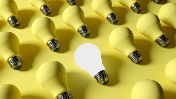 3D rendering. a burning light bulb against the yellow background of switched-off lamps. - Foto, Imagen