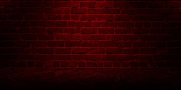 Порожня темна цегляна стіна з тривожним червоним освітленням, студійна кімната, для відображення ваших продуктів. Текстура мармурової підлоги і цегляної стіни
. - Фото, зображення