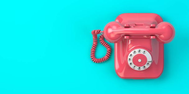 Pink vintage rotary telephone on mint green background. 3d illustration - Fotoğraf, Görsel