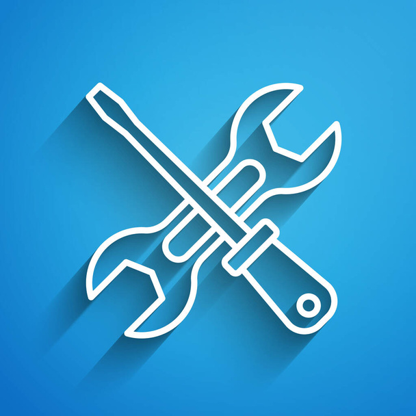 На синем фоне выделена иконка "White line Screwdriver and wrench spanner tools". Символ служебного инструмента. Длинная тень. Вектор. - Вектор,изображение