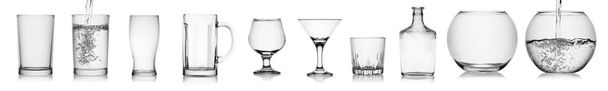 Gläser auf weißem Hintergrund. Verschiedene Gläser, eine Flasche und eine Fischschale. - Foto, Bild