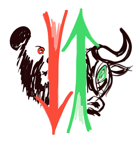 Handgezeichnete Halb-Bären- und Bullenköpfe mit nach oben und unten gerichteten Pfeilen auf weißem Hintergrund als Symbol für den Bullen- und Bärenmarkt, Eps10-Vektorillustration. - Vektor, Bild
