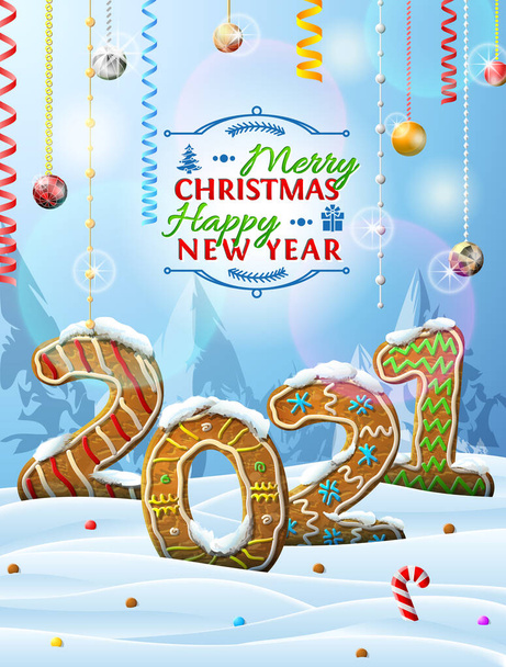 Año Nuevo 2021 en forma de pan de jengibre en la nieve. Paisaje invernal con galletas, decoración navideña, felicitaciones. Imagen vectorial para Navidad, año nuevo día, cocina, vacaciones de invierno, comida, silvestre - Vector, imagen