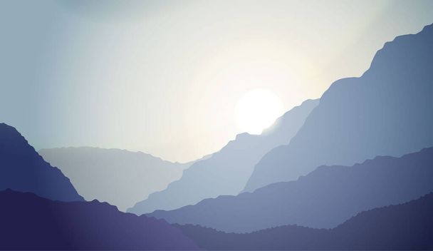 Kreslená horská krajina při západu slunce. Pozadí Koncepce venkovní rekreace ilustrace - Vektor, obrázek