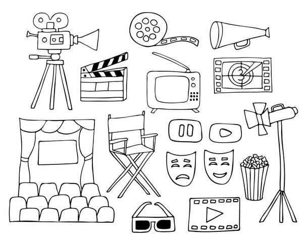 Χειροποίητη συλλογή εικονογραφήσεων ταινιών. Συλλογή εικόνων του σινεμά. Χειροποίητη συλλογή κινηματογραφικών εικόνων σε διάνυσμα. Doodle κινηματογραφικές απεικονίσεις που σε διάνυσμα - Διάνυσμα, εικόνα