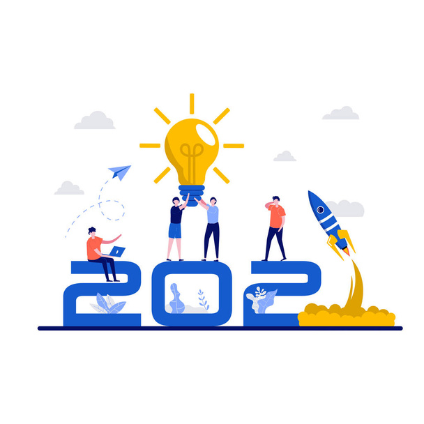 Trends in creativity, creative thinking concept with big 2021 number. Tiny people generating ideas for innovative startup project. Modern flat illustration for landing page, web banner, hero images. - Vector, Image
