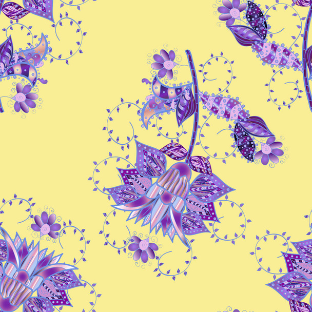 Schattig bloemenvector patroon. Bloemen op violet, geel en blauw kleuren. Platte bloem elementen ontwerp. Kleur Voorjaar Thema naadloos patroon Achtergrond. - Vector, afbeelding