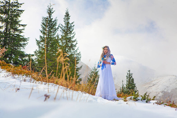 Наречений і наречений взимку сніг на горі
 - Фото, зображення