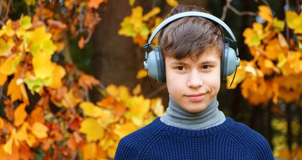Kulaklıkla müzik dinleyen bir gencin portresi, sonbahar parkında dinlenen, arka plan olarak parlak sarı akçaağaç yaprakları. - Fotoğraf, Görsel