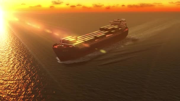 Kontenerowiec towarowy na otwartym morzu o zachodzie słońca- widok z powietrza Piękny strzał na złotą godzinę, import eksportu koncepcja frachtu . - Materiał filmowy, wideo