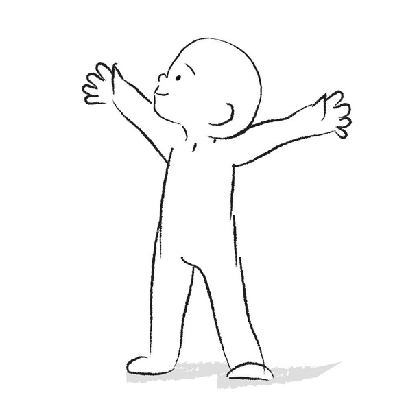Joyful, lachende jongen gaf zijn handen op. Gelukkige jongen. Leuke Chib Cartoon Illustratie. Doodle stijl. - Vector, afbeelding