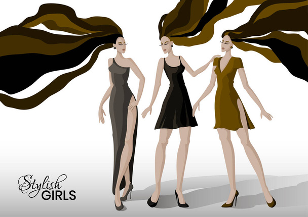Handgetekende modemodellen. Stijlvolle meisjes met lang haar. Vectorillustratie - Vector, afbeelding