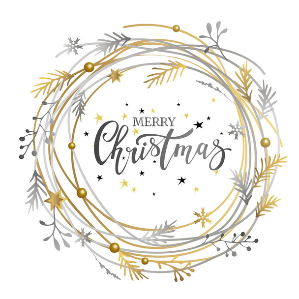 Golden-silver Christmas wreath with lettering inscription.. Element for your design. Christmas frame. - ベクター画像