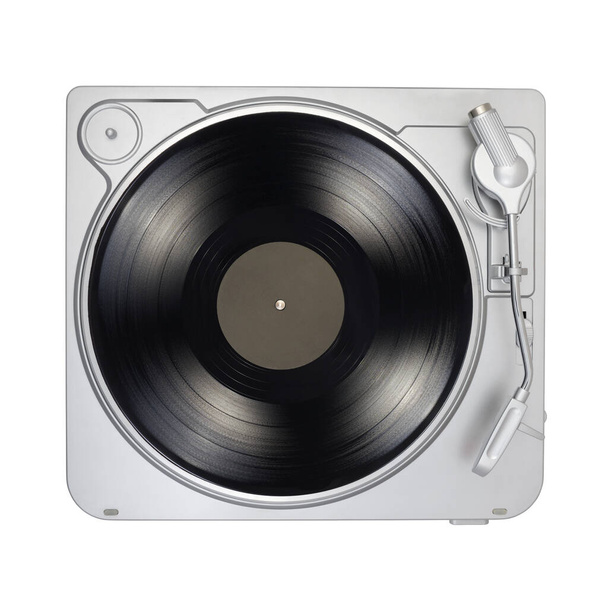 DJ turntable with long play or LP vinyl record isolated on white background. Top view. - 写真・画像