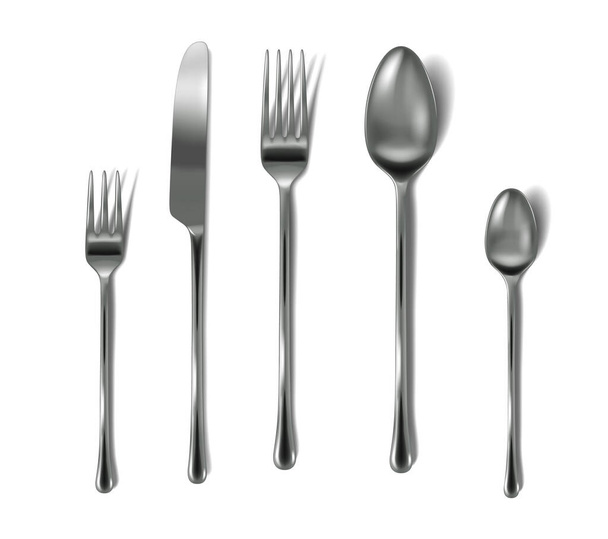 Комплект столовых приборов реалистичный на белом фоне. 3d серебряные вилки, нож и ложки - Вектор,изображение