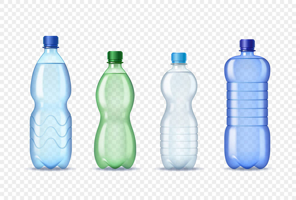 Set de botellas de plástico realistas con agua sobre fondo transparente. Paquete 3d para líquidos - Vector, imagen
