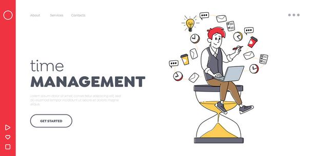 Time Management, Working Productivity Landing Page Sablon. Apró üzletember karakter ül a hatalmas homokóra - Vektor, kép