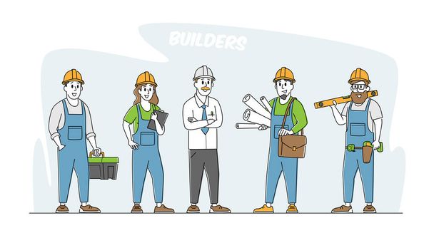 Constructor, Constructores de Trabajadores en Cascos. Personajes de ingeniero o capataz con herramientas y planos. Arquitectos con Plan - Vector, Imagen