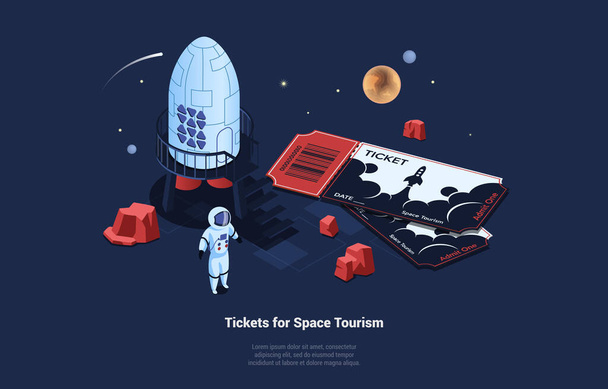 Futuristische Vektorillustration zum Weltraumtourismus-Konzept. 3D Isometrische Illustration im Cartoon-Stil auf dunklem Hintergrund. Tickets für Kosmos-Reise, Astronaut im Spezialanzug, Rakete, Planeten - Vektor, Bild