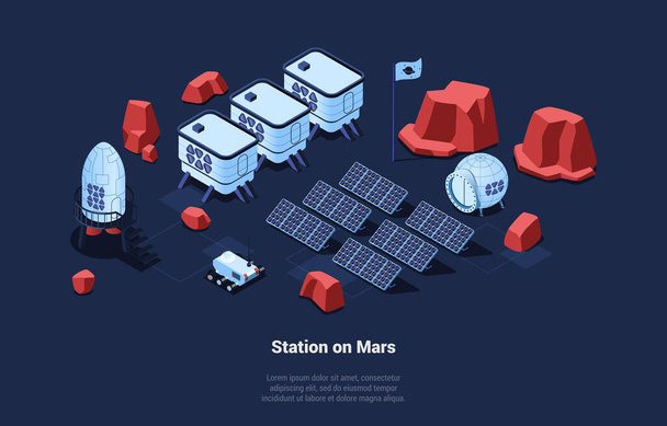 Космическая станция на Марсе Консервативный вектор в стиле мультфильма 3D. Изометрическая композиция, колонизация планет для энегритянских и почвенных идей. Поверхность с солнечными батареями, роботами, контейнерами - Вектор,изображение