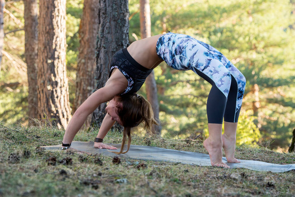 Női gyakorlatok jóga egyedül az erdőben Vissza nézet Kültéri tevékenység Fiatal vonzó ázsiai nő gyakorló jóga, gyakorló gyakorlása edzés Női meditál egyedül napkeltekor. - Fotó, kép