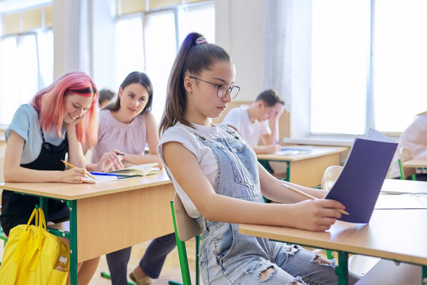 Lesson in class of teenage children, in front girl 13, 14 years old sitting at desk - Фото, зображення